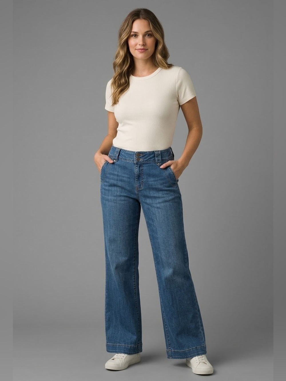 Vtg Eddie Bauer Wide Leg Jeans Womens Size 14R Medium Wash Blue Denim Stretch